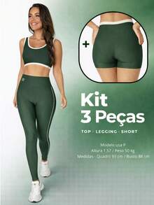 Kit Fitness Feminino 3 Peças – Top, Shorts e Legging Cintura Alta - Verde Militar - Visão 1