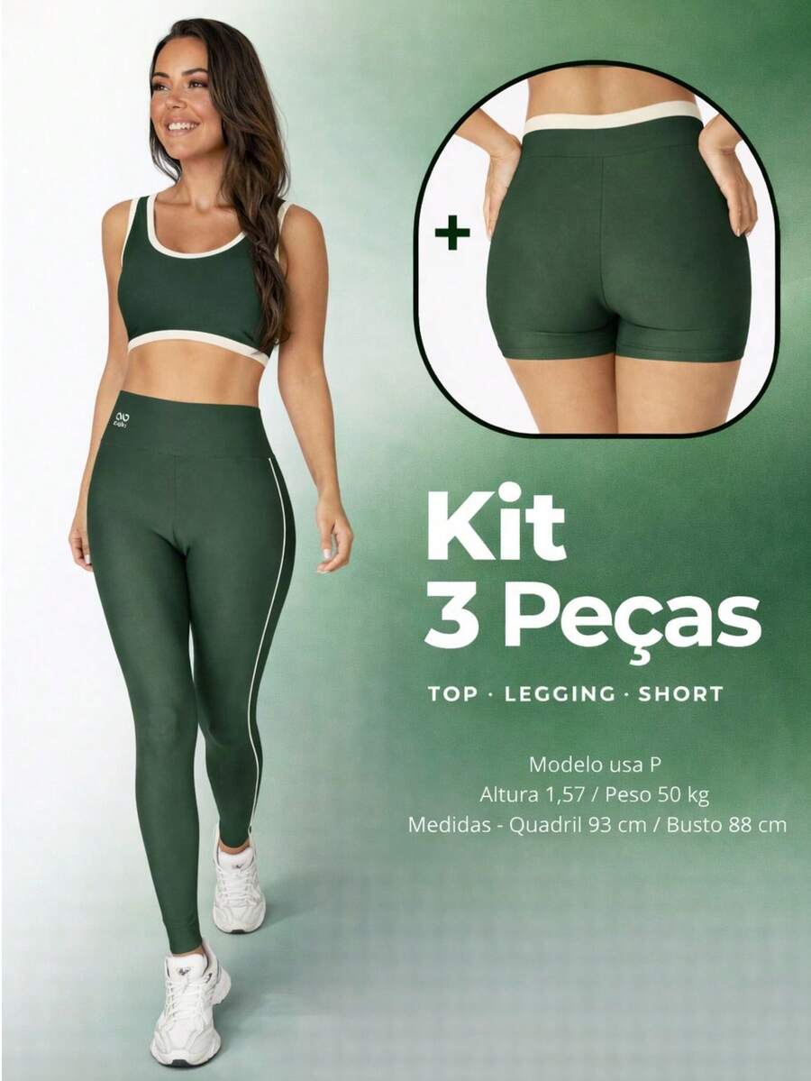 Kit Fitness Feminino 3 Peças – Top, Shorts e Legging Cintura Alta - Verde Militar - Visão 1