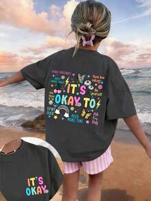 Tween Girls' Casual Funny Print Crew Neck Short Sleeve T-Shirt Top, Summer - Dark Grey - View 3