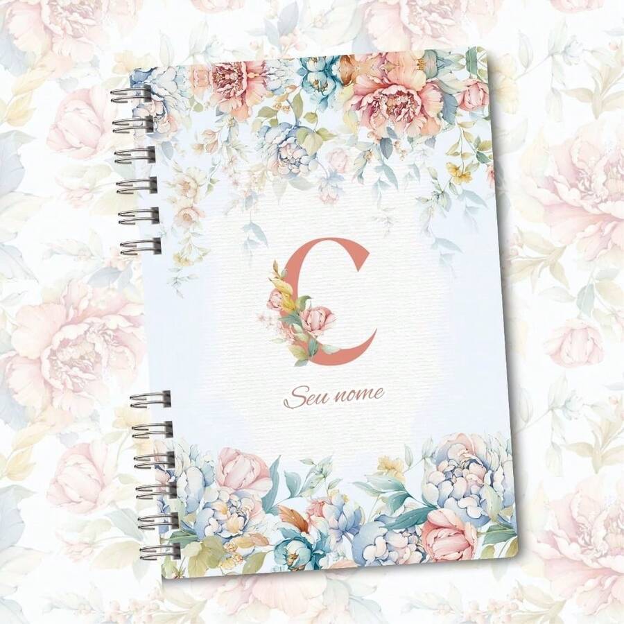 A5 Floral Pink And Blue Notebook Personalized With Initial Of The Alphabet - C - View 1