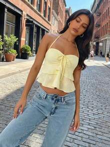 女士纯色系带褶皱性感露背休闲黄色吊带背心，针织抹胸夏季时尚，夏季服装，夏季度假装，女士夏季上衣 - 黃色 - 查看 7