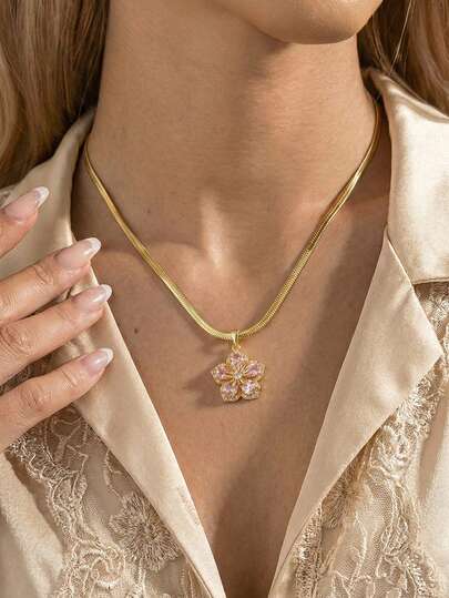 1pc Gold Floral Pendant Snake Bone Chain Necklace, Delicate & Chic Style, Suitable For Dates, Gifts, Daily Wear (OPP Bag Packaging)