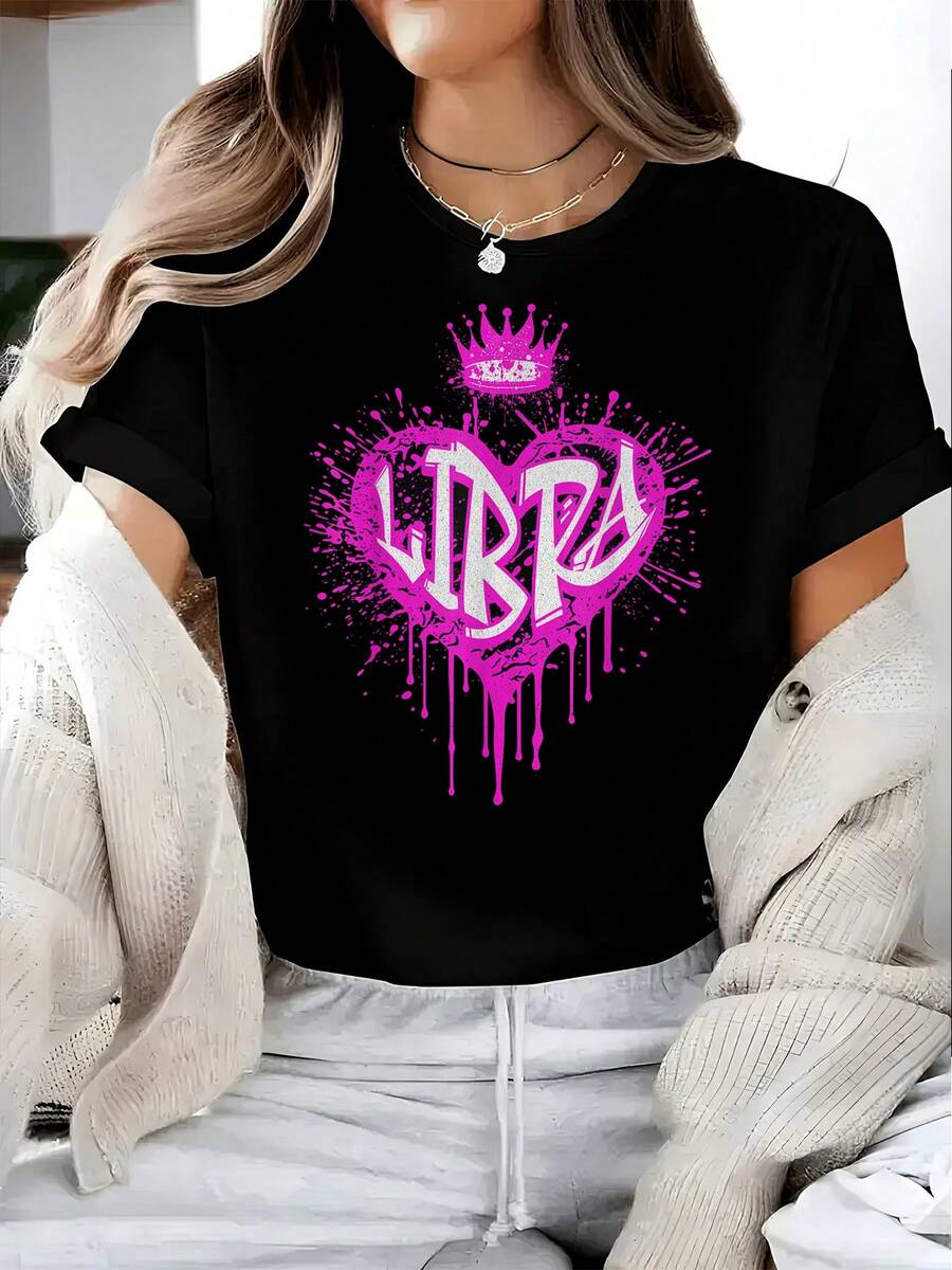 Libra Airbrush Graffiti Heart Love Zodiac Sign Print Women's T-Shirt - 黑色 - 查看 1
