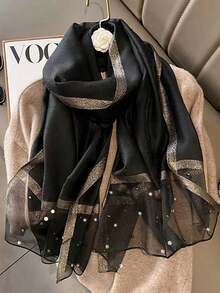 1pc Faux Silk Studded Pearl Scarf/Shawl/Headscarf, Suitable For Daily Wear - Black - View 5