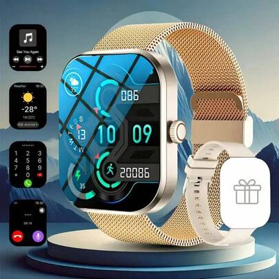 Smartwatch con funciones que incluyen respuesta de llamadas, alertas de mensajes, control de música, cámara remota, contador de pasos, seguimiento de calorías, múltiples modos deportivos, alarma, notificaciones de llamadas y mensajes entrantes, compatible con sistemas Android e iOS.