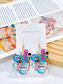 1对亚克力笔筒、尺子、苹果画板、双面印花可爱杯形笔筒、趣味卡通学生耳环、返校礼物（日常使用，女士） - 彩色 - 查看 1
