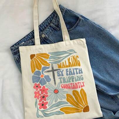 Women's Retro Boho Christian Tote Bag - Walking By Faith Tripping Constantly Inspirational Bible Verse Design With Floral & Cross Pattern, Pastel Blue Pink Yellow Green Beige Canvas Handbag For Church, Everyday Use, Casual Outfits (Psalm 23:1-2 Inspired), Faithbased Gifts, Church Accessories, Durable Fabric, Sturdy Construction, Faith Community