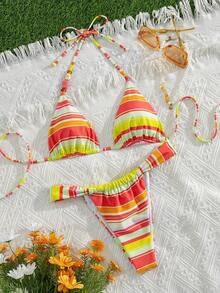 女士性感简约优雅时尚两件式泳衣套装，休闲度假海滩旅行派对条纹串珠挂脖系带泳衣，春夏新品度假装 - 彩色 - 查看 2