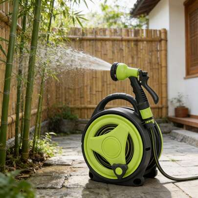 Portable Green Water Hose Reel High Efficiency 39.4FT Garden Hose With Spray Nozzle Heavy Duty Retractable Hose Reel For Yard Lawn Watering
