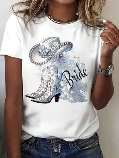 100% Pure Cotton Women's White Short Sleeved T-Shirt, Women's T-Shirt With "Bride" Text, Silver Cowboy Boots, Wedding Veil And Sparkly Cowboy Hat – Western Wedding Bachelorette Party Style, This Round Neck Casual Top Is Designed Specifically For Women And Is Machine Washable, Making It Perfect For Daily Casual And Holiday Wear.