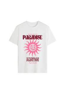 女士Y2K风格宽松T恤，轻盈舒适圆领，印有“Paradise The Sun Came Up In Soleil”粉色太阳图案，INS流行复古街头风，适合上学、野餐、音乐节和日常休闲穿着，白色 - 白色 - 查看 3