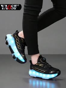 YAOSF Zapatos con ruedas para niños/adolescentes - Versión mejorada con mayor estabilidad, zapatos deportivos 2 en 1 desmontables, zapatos de patinaje sobre ruedas geniales para la calle, zapatos deportivos luminosos para exteriores, zapatos para padres e hijos, nuevos patines en línea, zapatos con luces para la noche, zapatos con ruedas recargables por USB, zapatos con ruedas y luces LED, zapatos deportivos con suela con luces LED para niños/niñas, estudiantes, zapatos con ruedas para deportes al aire libre - Negro - Ver 2