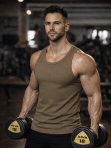 Men's Fitness Sleeveless Compression Muscle Tank Top, Workout Vest - Camel - View 3