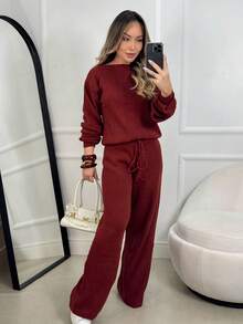 Ribbed Knit Set In Mousse Fabric: Wide-Leg Pants With Adjustable Drawstring + Puff Sleeve Blouse - Winter - Gỉ sét - Xem 2
