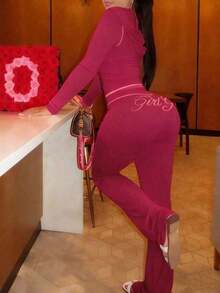 Women's Casual Graphic Print "Girl" Zip-Up Hoodie And Pants Set, Street Style Sporty Long Sleeve 2-Piece Outfit, Suitable For Party And Gathering Wear, Autumn - 玫紅色 - 查看 5