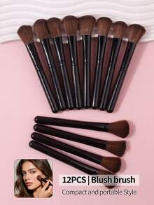 12pcs Soft Bristle Makeup Brush Set, Blush Brush, Powder Brush, Highlighter Brush, Contour Brush, Beginner Friendly Portable Cosmetic Tools - Black - View 3