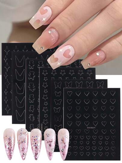 6pcs French Manicure Nail Art Stickers Set, Airbrush Painting Stencil Auxiliary Tools. Hollow Star, Butterfly, Heart And Teddy Bear Patterns, Can Be Used As Nail Art Decoration Accessories For Women.