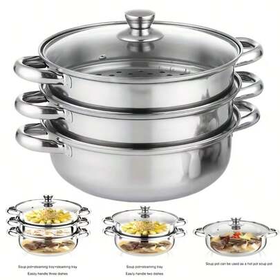 3-Tier Stainless Steel Steamer Steamer Pot, 28CM Cooking Multipurpose Cookware Pot For Steaming, Boiling,Multi-Functional Stackable Multilayer Food, Vegetable Steamer Cookware Pot