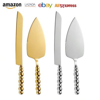 2件套不锈钢蛋糕刀和蛋糕铲套装，珍珠陶瓷手柄，优雅烘焙披萨铲工具，适用于婚礼、生日、派对等场合。