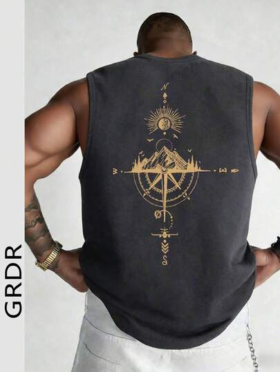  GRDR Men's Summer Compass & Mountain Peak Print Casual Sleeveless Tank Top