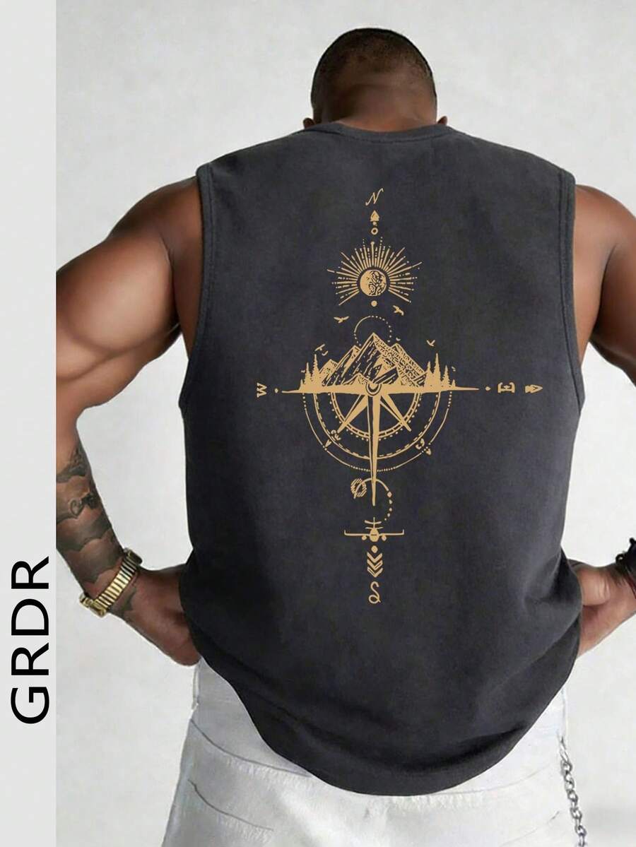 GRDR Men's Summer Compass & Mountain Peak Print Casual Sleeveless Tank Top - Dark Grey - View 1