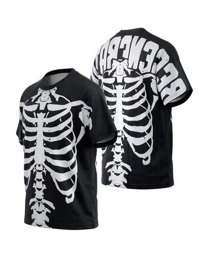 男士宽松舒适休闲短袖T恤 - 黑色圆领骷髅印花上衣 - 透气舒适，适合街头休闲、主题场合、音乐节派对等个性化场合穿着