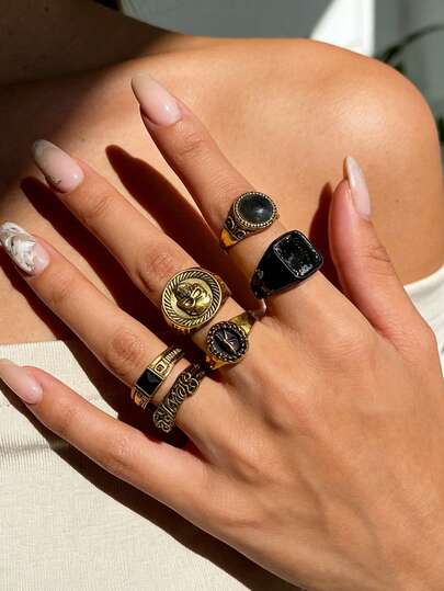 6Pcs Black & Gold Vintage Gothic Ring Set: Skull Revenge Letter Black Gem Statement Rings For Men Women Streetwear Jewelry