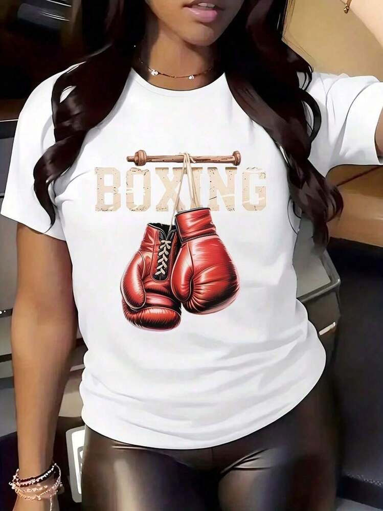 Camiseta de cuello redondo para mujeres con estampado de guantes de boxeo, manga corta, atuendo deportivo casual para uso diario y actividades de fitness - Blanco - Añade 1