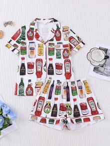 Bộ đồ ngủ trẻ em 2 món in hình chai tương ớt, áo tay ngắn có cổ và quần short, dễ thương và thoải mái cho cả bé trai và bé gái, phù hợp cho mọi mùa, dự tiệc và mặc thường ngày. - trắng - Xem 2