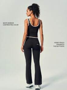 UONNOU 爆款Y2K运动风两件套 | 撞色滚边露脐上衣和喇叭裤 - 黑色 - 查看 1