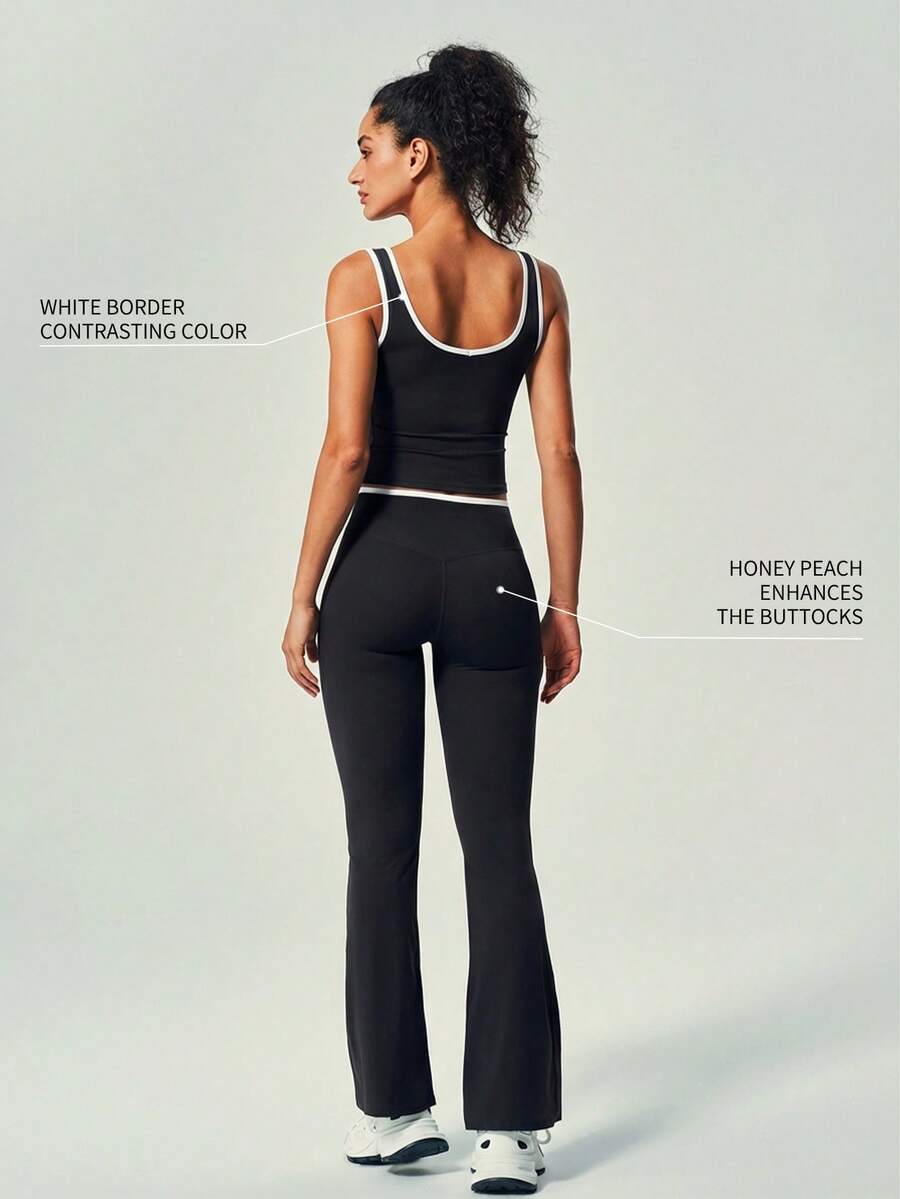 UONNOU 爆款Y2K运动风两件套 | 撞色滚边露脐上衣和喇叭裤 - 黑色 - 查看 1