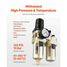 Air Compressor Filter Regulator Lubricator (FRL), 3/8" NPT Air Compressor Water Separator, Semi-Auto Drain Air-Drying System With 5μm Brass Filter Element, 145PSI Max Working Pressure, Poly Bowl - Double Unit 3/8 Npt 5UM - View 3