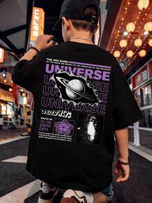 1 pieza Camiseta de manga corta suelta de moda callejera para hombre, Camiseta gráfica negra con nave espacial y explosión, Verano - Negro - Ver 1