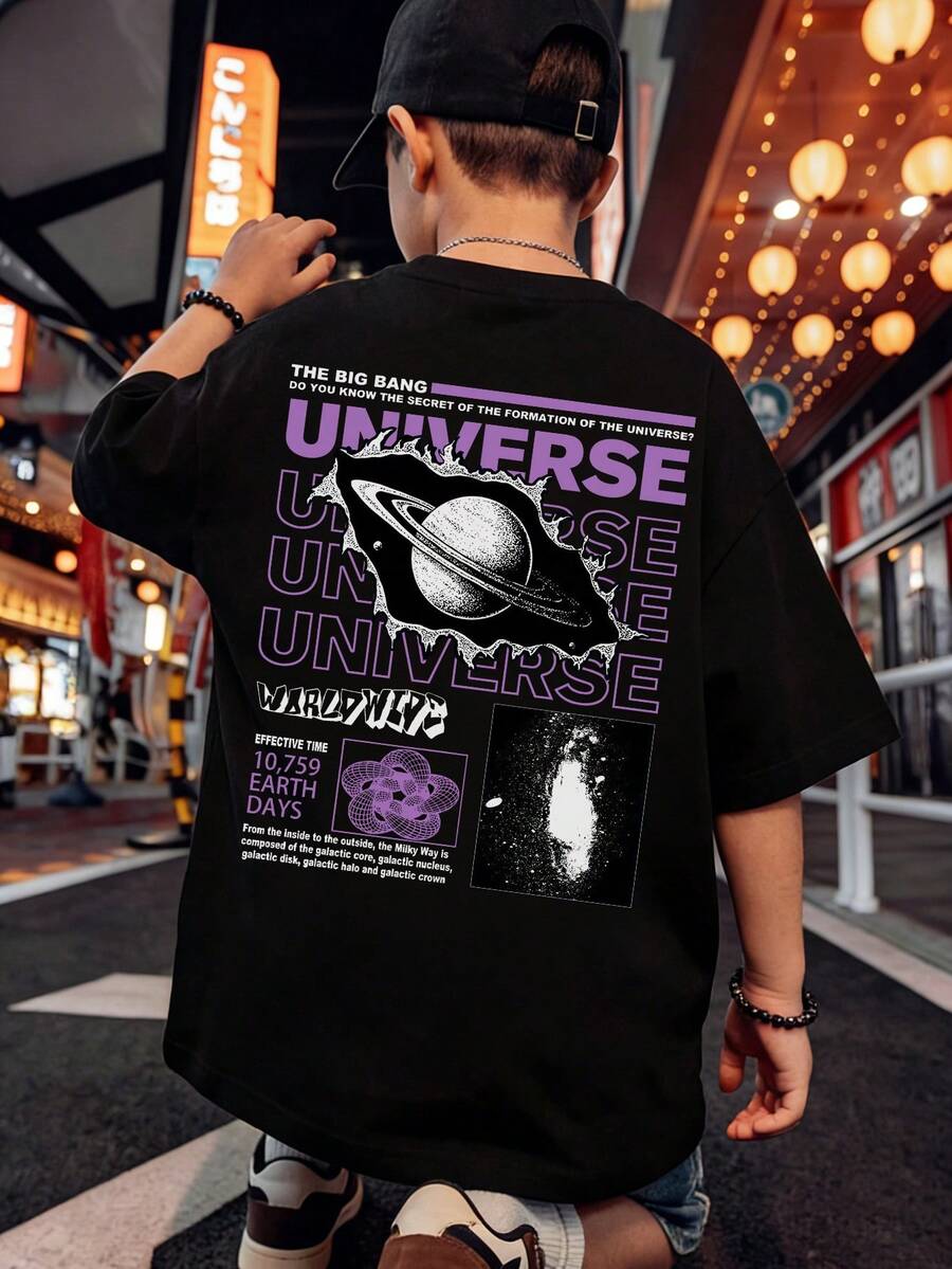 1 pieza Camiseta de manga corta suelta de moda callejera para hombre, Camiseta gráfica negra con nave espacial y explosión, Verano - Negro - Ver 1