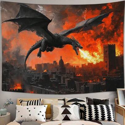1pcFantasy Dragon Tapestry, Medieval Red Dragon Aesthetic Tapestry, Wall Art, Cool Dragon Ornament, Home Decor, Suitable For Bedrooms, Living Rooms, And Dormitories