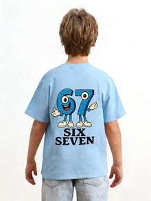 男童休闲印花圆领短袖T恤，夏季上衣 - 淺藍色 - 查看 2