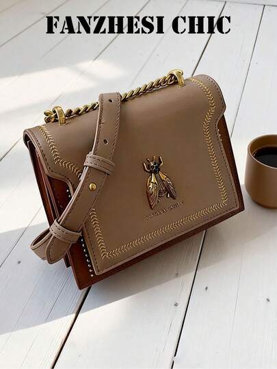 New Stylish Vintage Honey-Patterned Shoulder Bag, Square Bag With Metal Chain Decoration, Crossbody Bag, Solid Color PU Waterproof Material With Embossed Letters, Ladies' Wallet, Suitable For Travel And Shopping, A Holiday Gift For Mothers