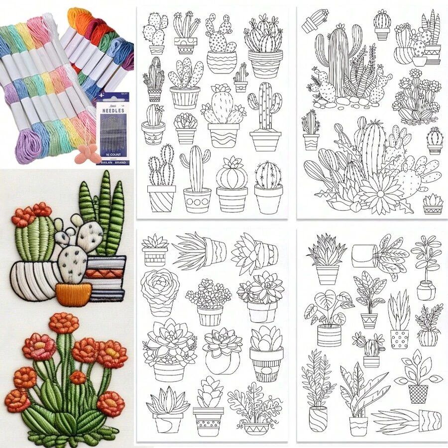 Cactus Embroidery Self-Adhesive Kit, Water-Soluble Stabilizer Embroidery Pattern Paper, Washable Stick Stitch Flower Paper - 2ST-b - View 1
