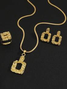 3pcs/Set Women Minimalist Gold Geometric Necklace, Earrings And Ring Jewelry Set, Suitable For Daily Wear And Holiday Gifts - Gold - View 2
