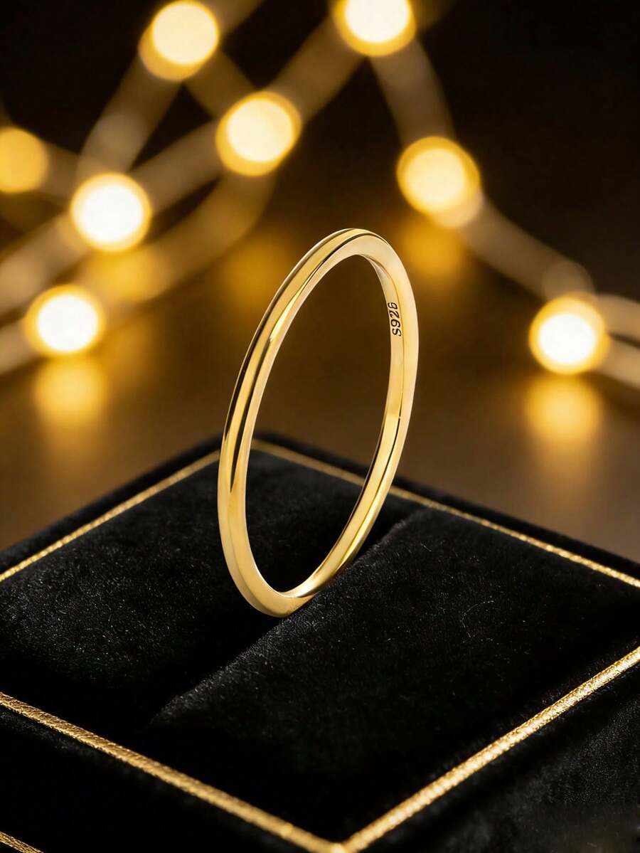 1枚925纯银镀14K金简约实心戒指，极简设计，精致日常银饰，送给女朋友的礼物 - 金色 - 查看 1