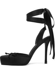 Ballet High Heels Pumps For Women Mary Janes Style Lace-Up Stiletto Heels With Bow Satin Square Toe Elegant  Strappy High Heels Women's Dancing Party Weeding Shoes  - 黑色 - 查看 4