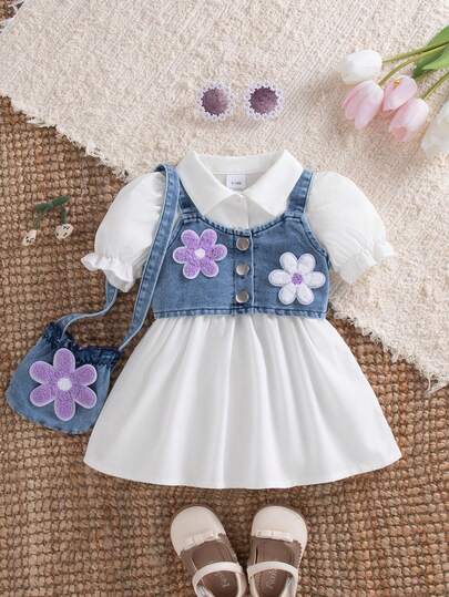 3pcs Infant/Toddler Girls Summer Cute Fashion Vacation Style Bubble Sleeve Dress & Floral Decor Vest Top & Crossbody Bag Outfit Set, Suitable For Daily, Outdoor, School, Commute, Street