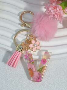 1pc Dried Flower Letter Keychain Resin Pendant Daisy Flower Keyring, Pink Gift With Pom Pom Tassel Charm - Pink - View 31