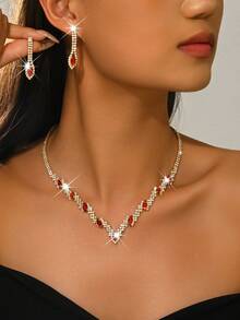 Sparkling Gold Crystal Jewelry Set, Women's V-Neck Necklace & Earrings, Suitable For Bridesmaids, Wedding Guests, Formal Occasions, Ramadan Gifts - 1806 Golden Red-hB - View 2