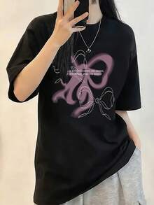 女士宽松圆领短袖字母蝴蝶结印花T恤，春夏款 - 黑色 - 查看 1
