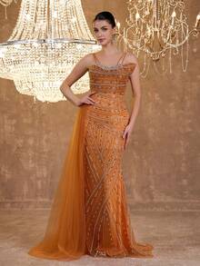 Elegant Sexy Mermaid Lace Trim Strapless Sequin Beaded Bodycon Maxi Dress - Orange - View 4