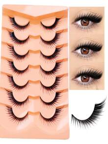 Pestañas postizas con estilo de ala inclinada al estilo de zorro! Set de 7 pares de pestañas falsas con ojos de zorro, con las pestañas delanteras cortas y las traseras largas, tipo muñeca de anime con pestañas con alas - Negro - Ver 3