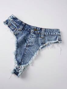 Women's Low Rise Denim Mini Shorts, Frayed Raw Hem Distressed Micro Jean Shorts For Rave Party,Beach Daily ,Everyday Wear - Blue - View 8