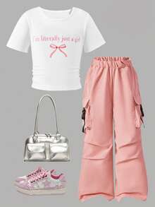 2pcs/Set Tween GirlsCute & Cool Outfit: Pink Cargo Wide Leg Pants + Bow Letter Cropped T-Shirt, Casual Street Style, Music Festival, Daily Wear, Comfortable - White - View 1
