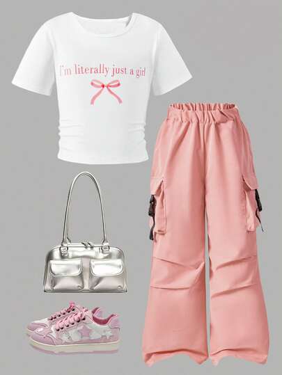 2pcs/Set Tween GirlsCute & Cool Outfit: Pink Cargo Wide Leg Pants + Bow Letter Cropped T-Shirt, Casual Street Style, Music Festival, Daily Wear, Comfortable